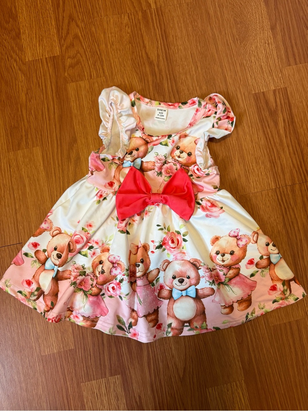 SHEIN Pink and White Teddy Floral Bow Sleeveless Kids Dress